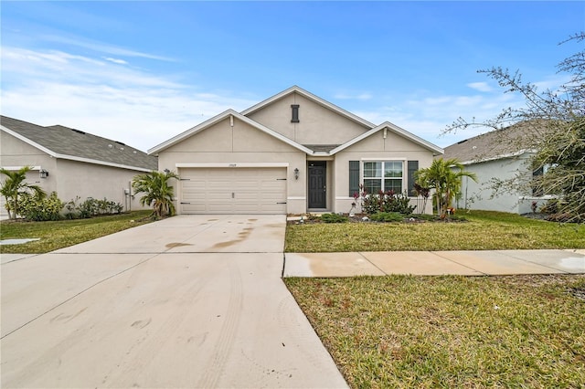 single story home featuring a front yard and a garage