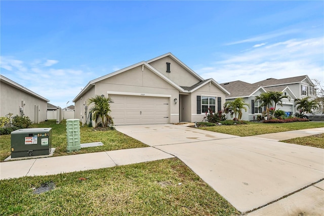 ranch-style house with a front yard and a garage