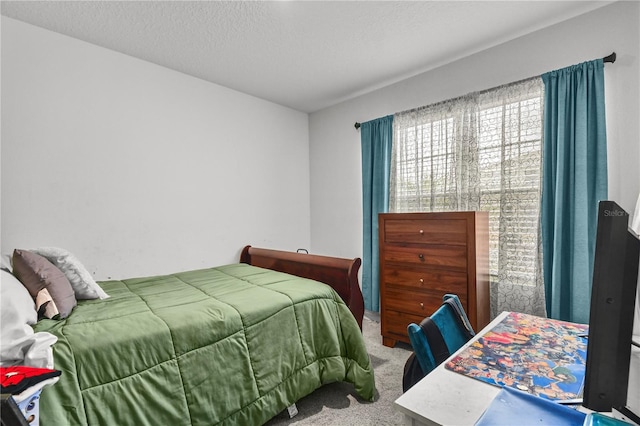 carpeted bedroom with a textured ceiling