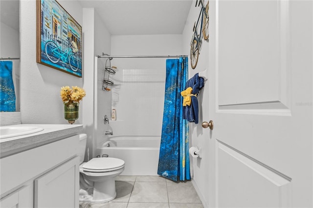 full bathroom with toilet, tile patterned flooring, vanity, and shower / bath combo