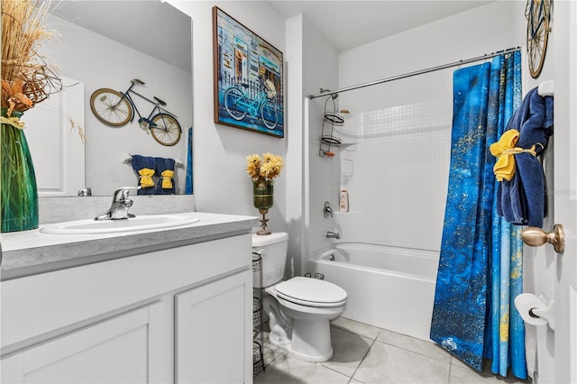 full bathroom featuring toilet, vanity, shower / bath combination with curtain, and tile patterned floors