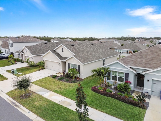 ranch-style home with a garage and a front lawn