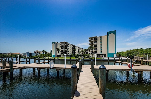 dock area with a water view