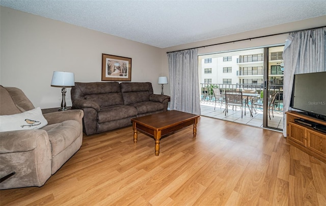 living area with a textured ceiling and light wood-style flooring