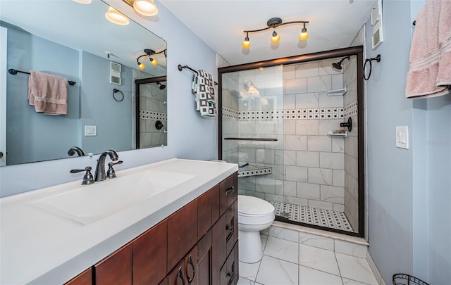 bathroom featuring visible vents, a shower stall, toilet, marble finish floor, and vanity