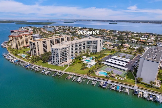 aerial view with a city view and a water view