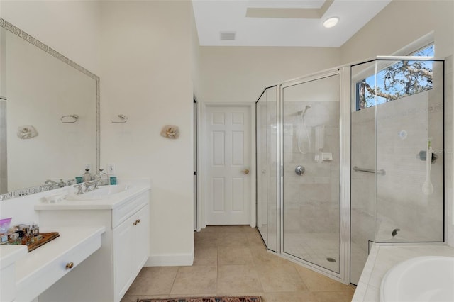 bathroom with separate shower and tub, tile patterned floors, and vanity