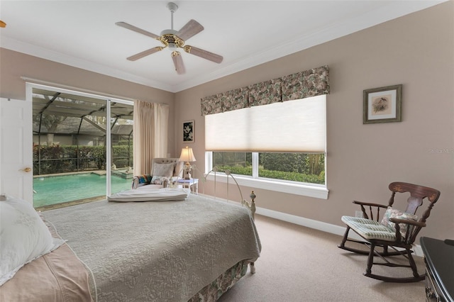 bedroom featuring carpet flooring, access to exterior, ceiling fan, and ornamental molding