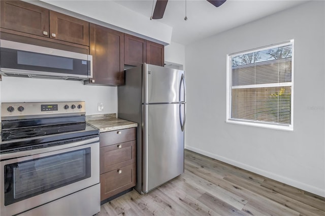 kitchen with ceiling fan, appliances with stainless steel finishes, light hardwood / wood-style floors, and dark brown cabinets