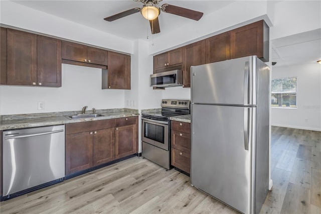 kitchen featuring sink, stainless steel appliances, light hardwood / wood-style floors, and ceiling fan