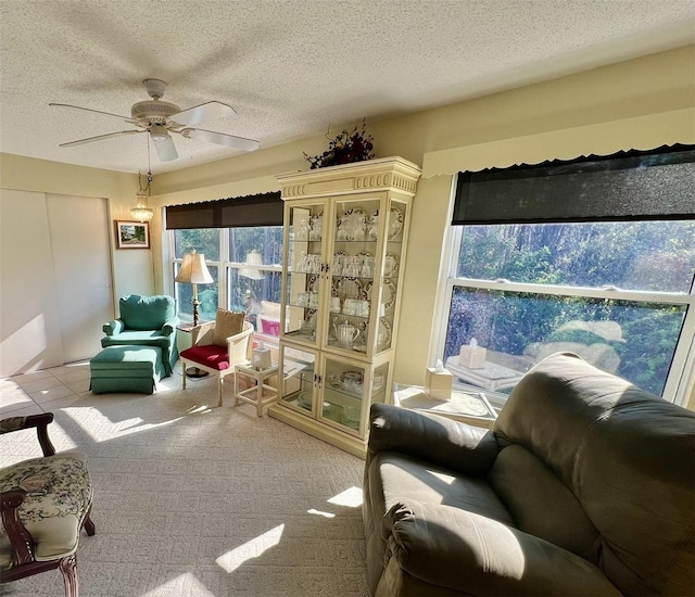 sitting room with ceiling fan and a textured ceiling