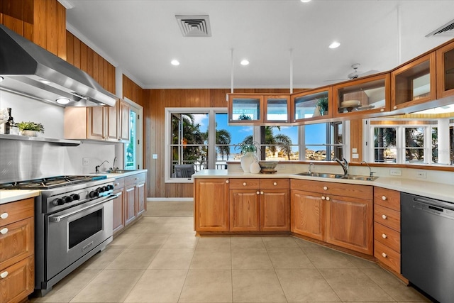 kitchen featuring wall chimney exhaust hood, ornamental molding, appliances with stainless steel finishes, and sink