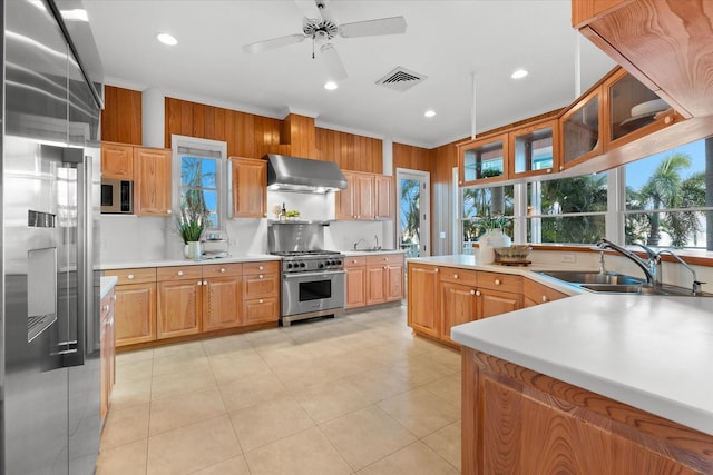 kitchen with visible vents, high quality appliances, a sink, ventilation hood, and light countertops