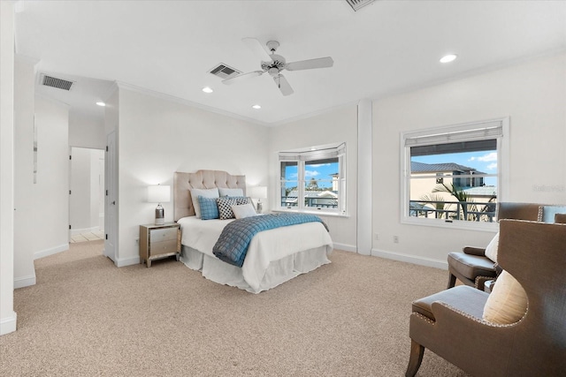 bedroom with recessed lighting, light colored carpet, visible vents, and baseboards