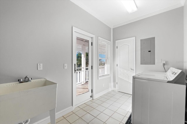 clothes washing area featuring light tile patterned floors, crown molding, sink, electric panel, and separate washer and dryer