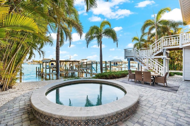 view of swimming pool featuring a patio, a water view, and a dock