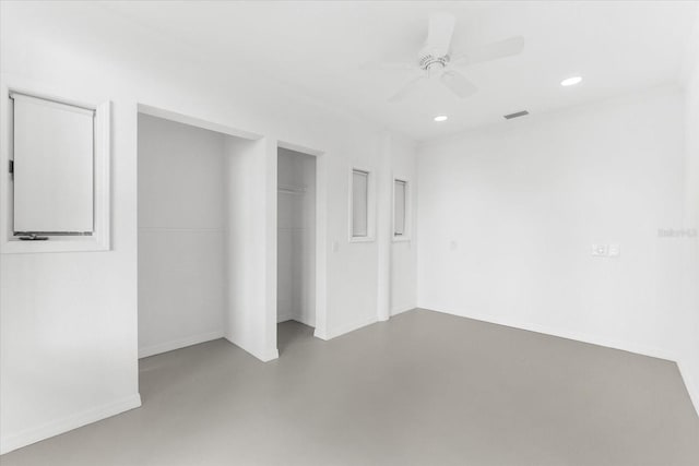 unfurnished bedroom featuring visible vents, finished concrete floors, recessed lighting, a closet, and ceiling fan