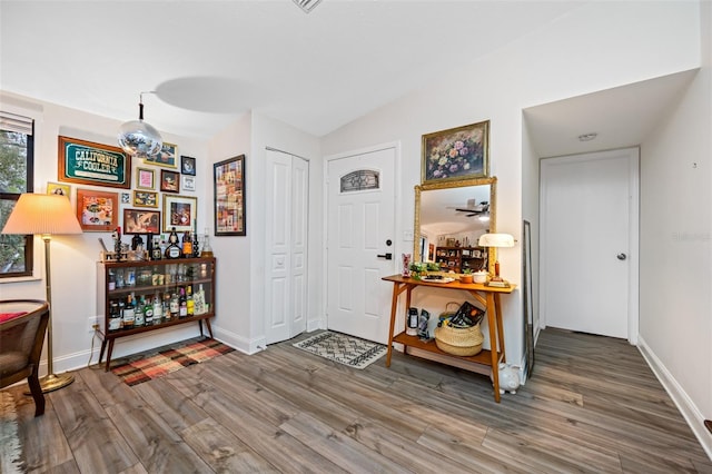 entryway featuring wood-type flooring and vaulted ceiling