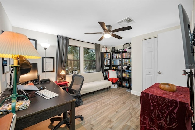 office space featuring ceiling fan and light hardwood / wood-style flooring