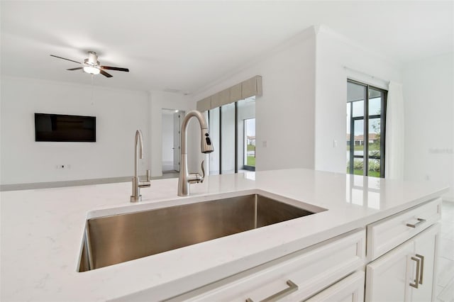 kitchen featuring crown molding, sink, white cabinets, and ceiling fan