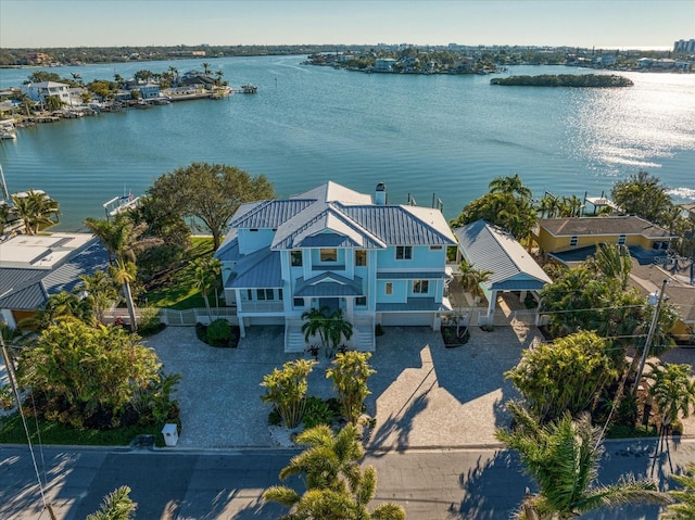 aerial view featuring a water view