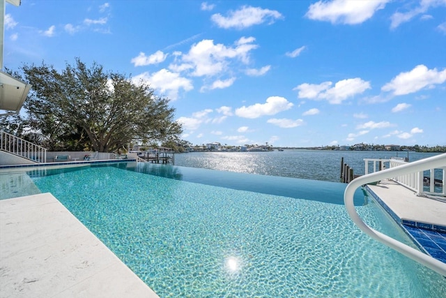 view of pool featuring a water view