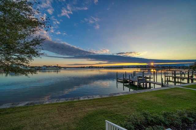 dock area with a yard and a water view