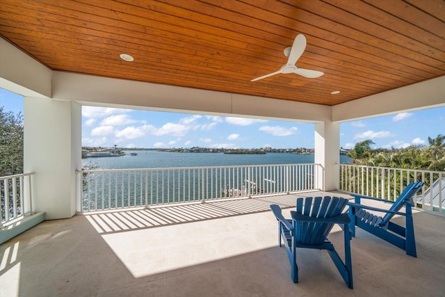 view of patio / terrace featuring ceiling fan and a water view