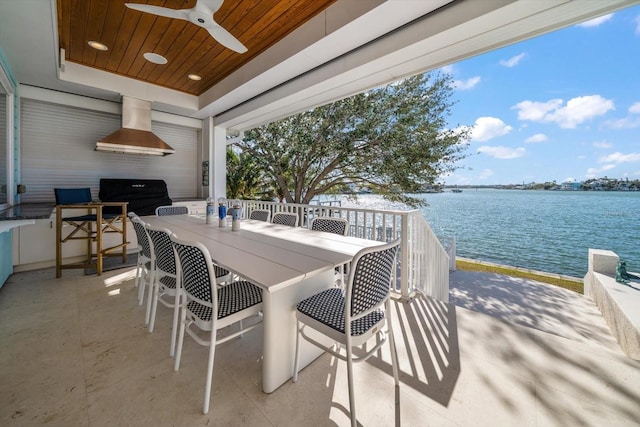 view of patio / terrace with ceiling fan, area for grilling, and a water view