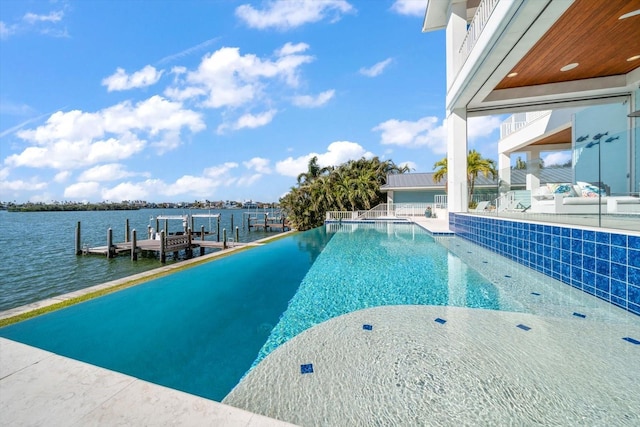 view of pool with a dock and a water view