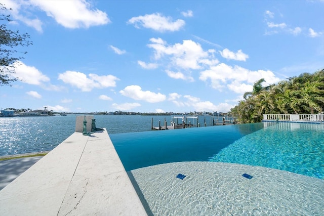 view of swimming pool featuring a boat dock and a water view