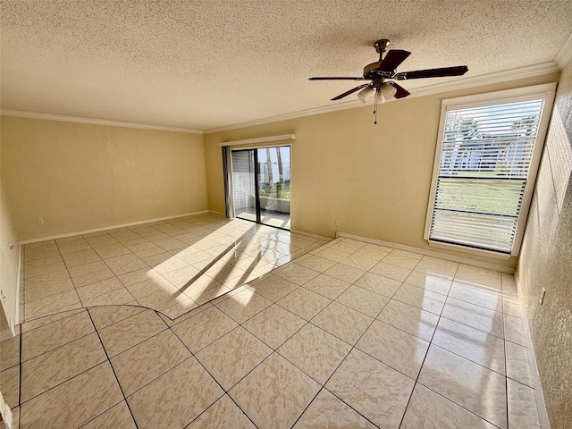 tiled spare room featuring ceiling fan, ornamental molding, and a textured ceiling