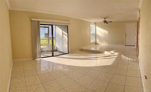 unfurnished room featuring light tile patterned flooring, ceiling fan, ornamental molding, and a textured ceiling