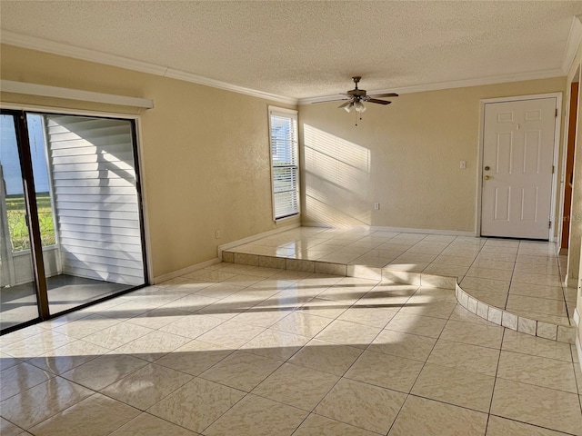 unfurnished room with ceiling fan, ornamental molding, a textured ceiling, and light tile patterned flooring