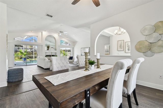 dining area with lofted ceiling, dark wood-type flooring, and ceiling fan