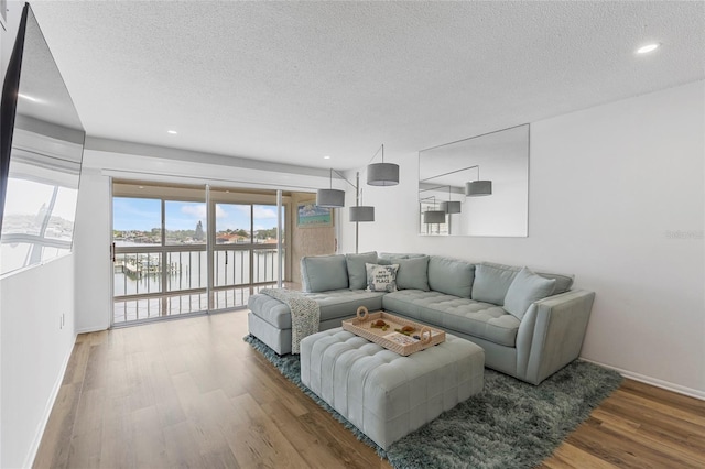 living room with a textured ceiling and hardwood / wood-style floors