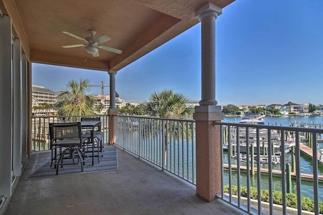balcony featuring ceiling fan and a water view