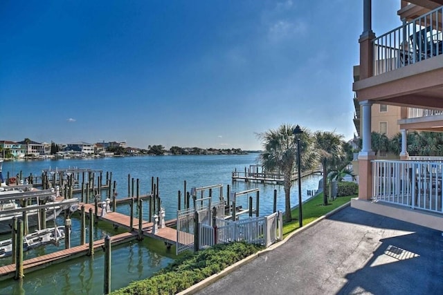 dock area with a water view