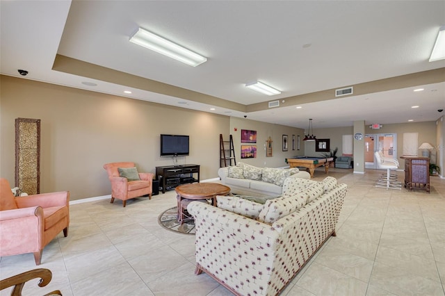 530 S Gulfview Blvd Unit 205, Clearwater, FL 33767 - living area featuring billiards table, a raised ceiling, and light tile patterned floors