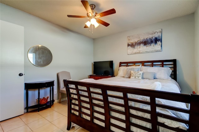 bedroom featuring light tile patterned flooring and ceiling fan