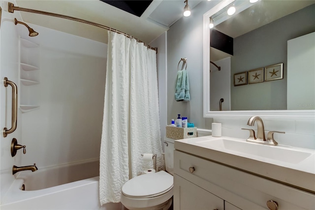 full bathroom with toilet, shower / bath combination with curtain, and vanity