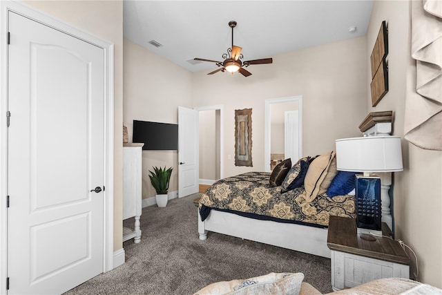 carpeted bedroom with ceiling fan