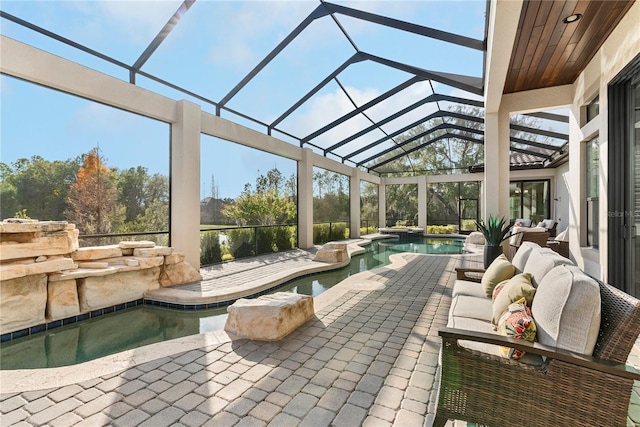 sunroom / solarium featuring vaulted ceiling and a pool