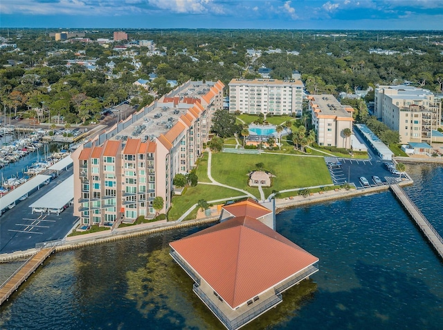 birds eye view of property featuring a water view