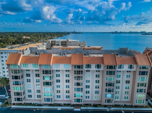 drone / aerial view featuring a water view