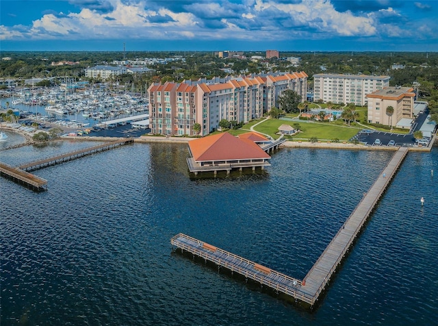 bird's eye view with a water view