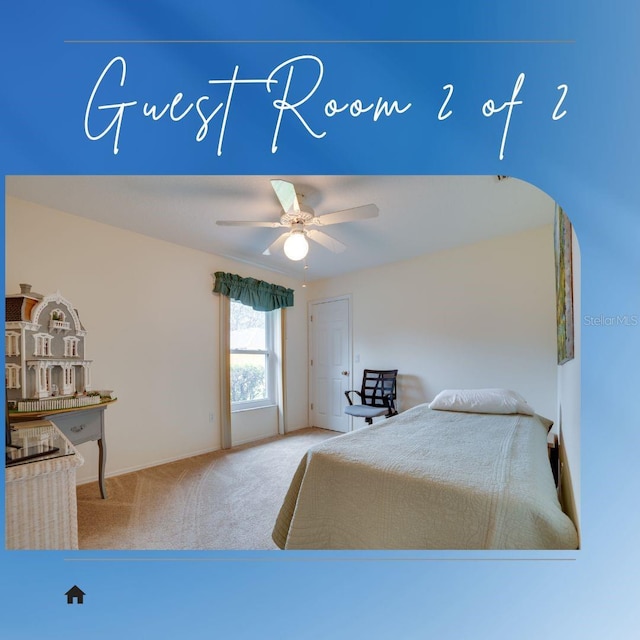 carpeted bedroom with baseboards and ceiling fan