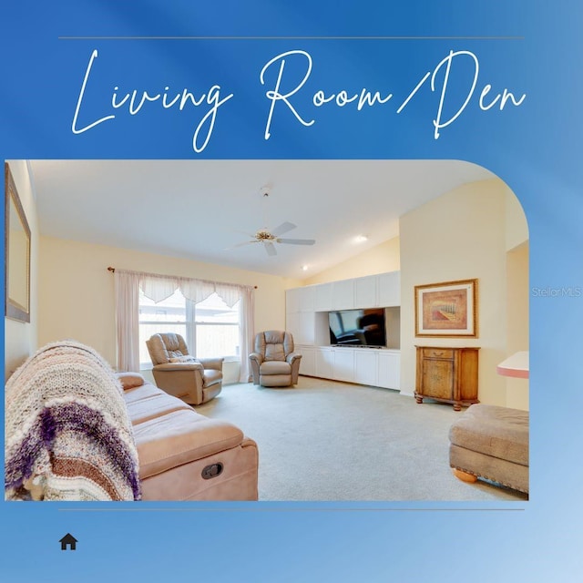 carpeted living area with vaulted ceiling, a ceiling fan, and arched walkways