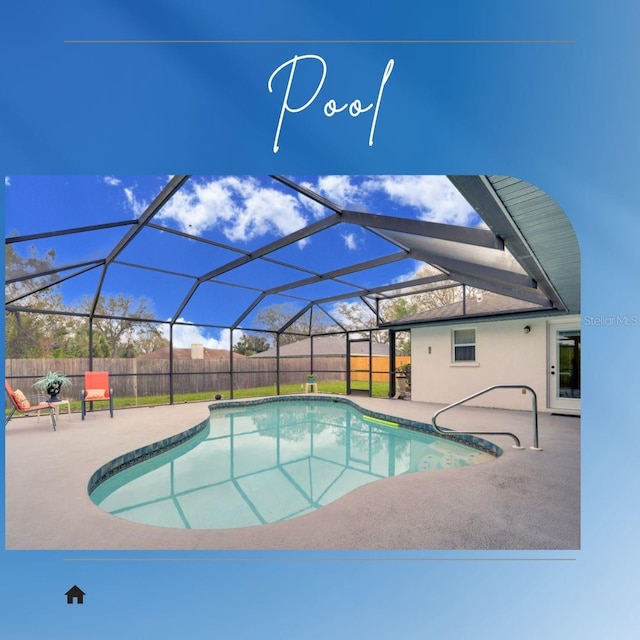 view of swimming pool featuring a patio area, a fenced backyard, a fenced in pool, and a lanai