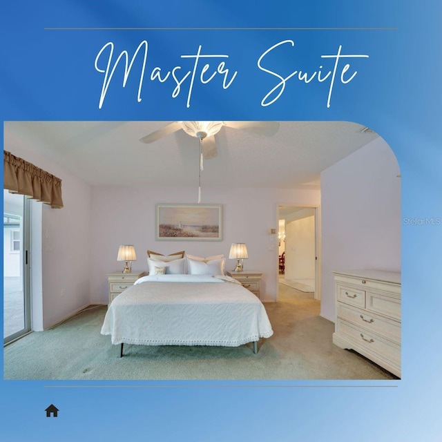 4553 31st Ct E, Bradenton, FL 34203 - bedroom with carpet flooring, a ceiling fan, access to outside, and arched walkways